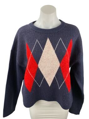 Aqua Women's Navy Blue Argyle Knit Long Sleeve Crew Neck Sweater Top Size L